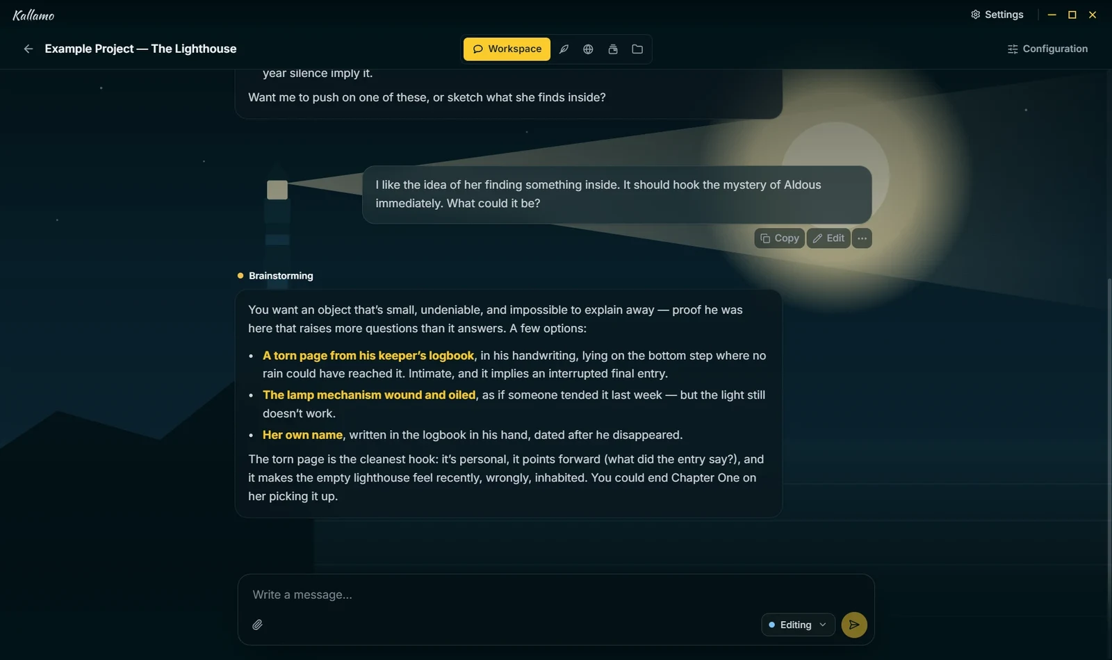 A brainstorming chat about the Lighthouse story